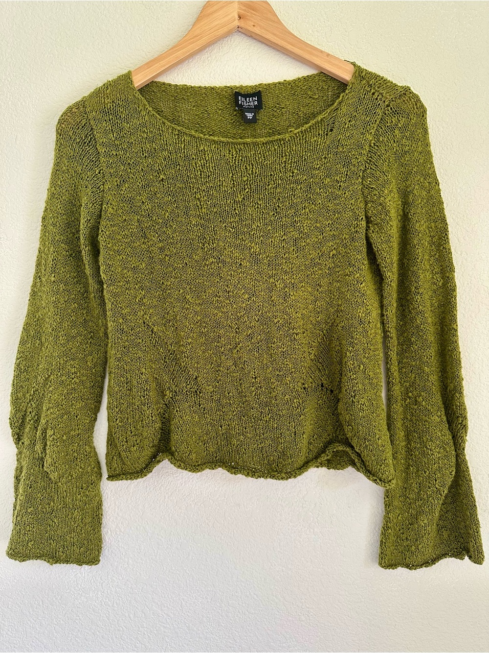 Eileen Fisher Petite Olive Green Textured Open Knit Bell Sleeve Sweater PP